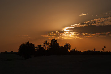 Orange sunset with beautiful clouds in the desert with a dark silhouette of an oasis