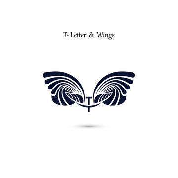 T-letter sign and angel wings.Monogram wing vector logo template.Classic emblem.