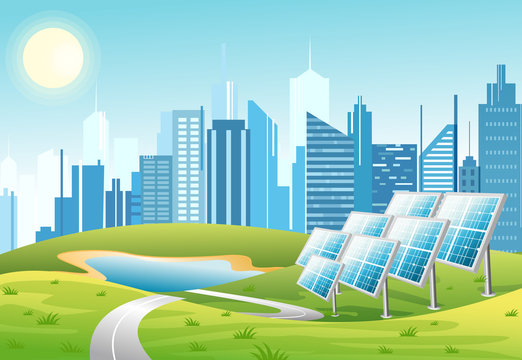 Vector illustration of solar power panels with sun and urban city skyscrapers skyline on green turquoise background. Eco green city theme. Ecological energy concept in flat cartoon style.