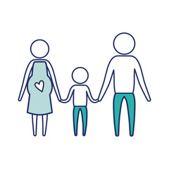 color blue silhouette of sections pictogram couple parents with mother pregnancy and boy holding hands vector illustration