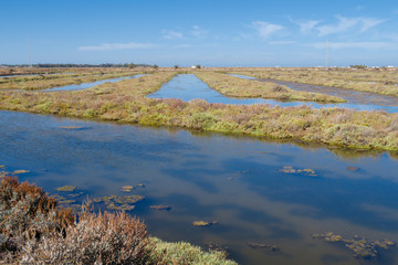 Old craft saltworks, sea water, in Chiclana de la Frontea, Cadiz, Spain