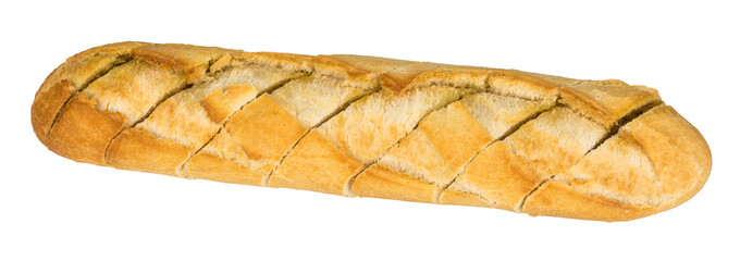 Delicious fragrant snack of golden color. Crunchy sliced french bread stuffed by herbs and butter. Isolated on white background.