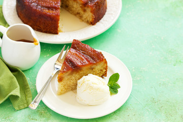 Homemade traditional banana pie with caramel.