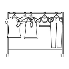monochrome silhouette of female clothes rack with t-shirts and pants on hangers vector illustration