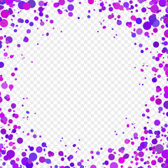 Purple paper confetti on transparent background. Realistic holiday decorations flying. Empty space for text. Background for holiday cards, greetings. Colorful flying falling the elements of decoration