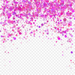 Pink paper confetti on transparent background. Realistic holiday decorations flying. Empty space for text. Background for holiday cards, greetings. Colorful flying falling the elements of decoration
