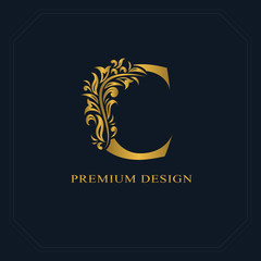 Gold Elegant letter C. Graceful style. Calligraphic beautiful logo. Vintage drawn emblem for book design, brand name, business card, Restaurant, Boutique, Hotel. Vector illustration