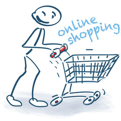 Strichmännchen mit Einkaufswagen und online shopping