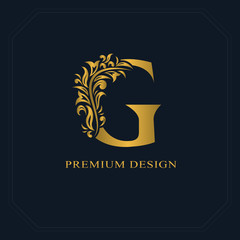 Gold Elegant letter G. Graceful style. Calligraphic beautiful logo. Vintage drawn emblem for book design, brand name, business card, Restaurant, Boutique, Hotel. Vector illustration