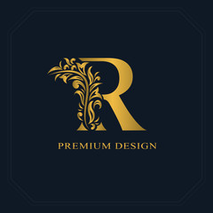 Gold Elegant letter R. Graceful style. Calligraphic beautiful logo. Vintage drawn emblem for book design, brand name, business card, Restaurant, Boutique, Hotel. Vector illustration