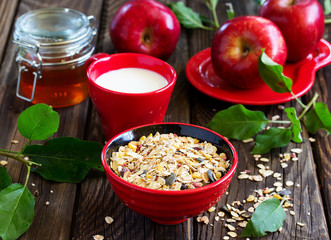 Granola, apples, raspberries,