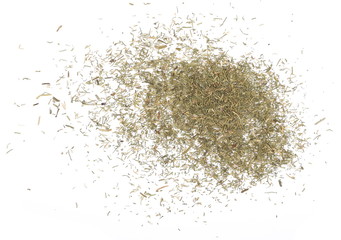 Pile of dry dill isolated on white background, top view