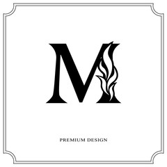 Elegant letter M. Graceful royal style. Calligraphic beautiful logo. Vintage drawn emblem for book design, brand name, business card, Restaurant, Boutique, Hotel. Vector illustration
