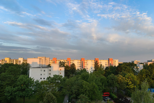 Dawn sunlight against buildings in Munich (Neuperlach Nord)