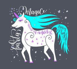 magic party poster with unicorn and hand letterin