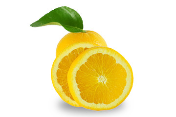 Fresh orange fruit with orange leaf isolated on white background