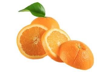 Fresh orange fruit with orange leaf isolated on white background