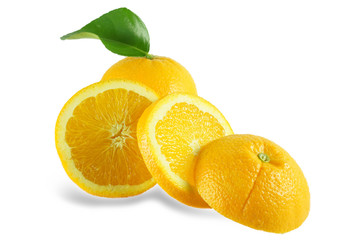 Fresh orange fruit with orange leaf isolated on white background