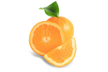 Fresh orange fruit with orange leaf isolated on white background