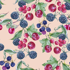 Background of blackberries, cherries and currants. Seamless pattern.