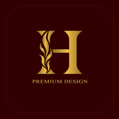 Gold Elegant letter H. Graceful style. Calligraphic beautiful logo. Vintage drawn emblem for book design, brand name, business card, Restaurant, Boutique, Hotel. Vector illustration