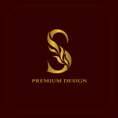 Gold Elegant letter S. Graceful style. Calligraphic beautiful logo. Vintage drawn emblem for book design, brand name, business card, Restaurant, Boutique, Hotel. Vector illustration