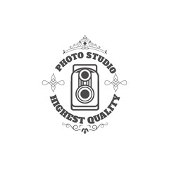 Retro style photo studio emblem template. Design element for logo, label, emblem, sign. Vector illustration