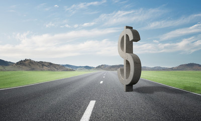 Money making and wealth concept presented by stone dollar symbol on asphalt road