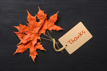 red maple leaves and thanks label on the black wooden board, top view