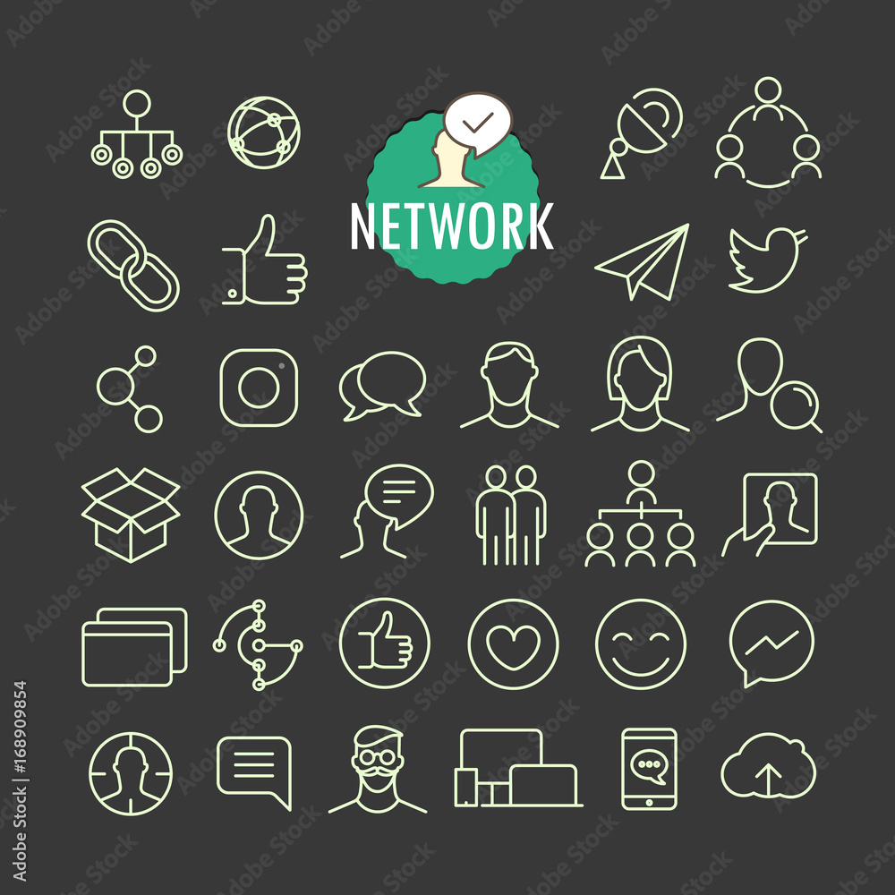 Aufkleber Different network icons vector collection. Web and mobile app outline icons set on dark background