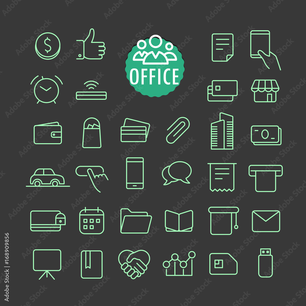 Poster Different office icons vector collection. Web and mobile app outline icons set on dark background