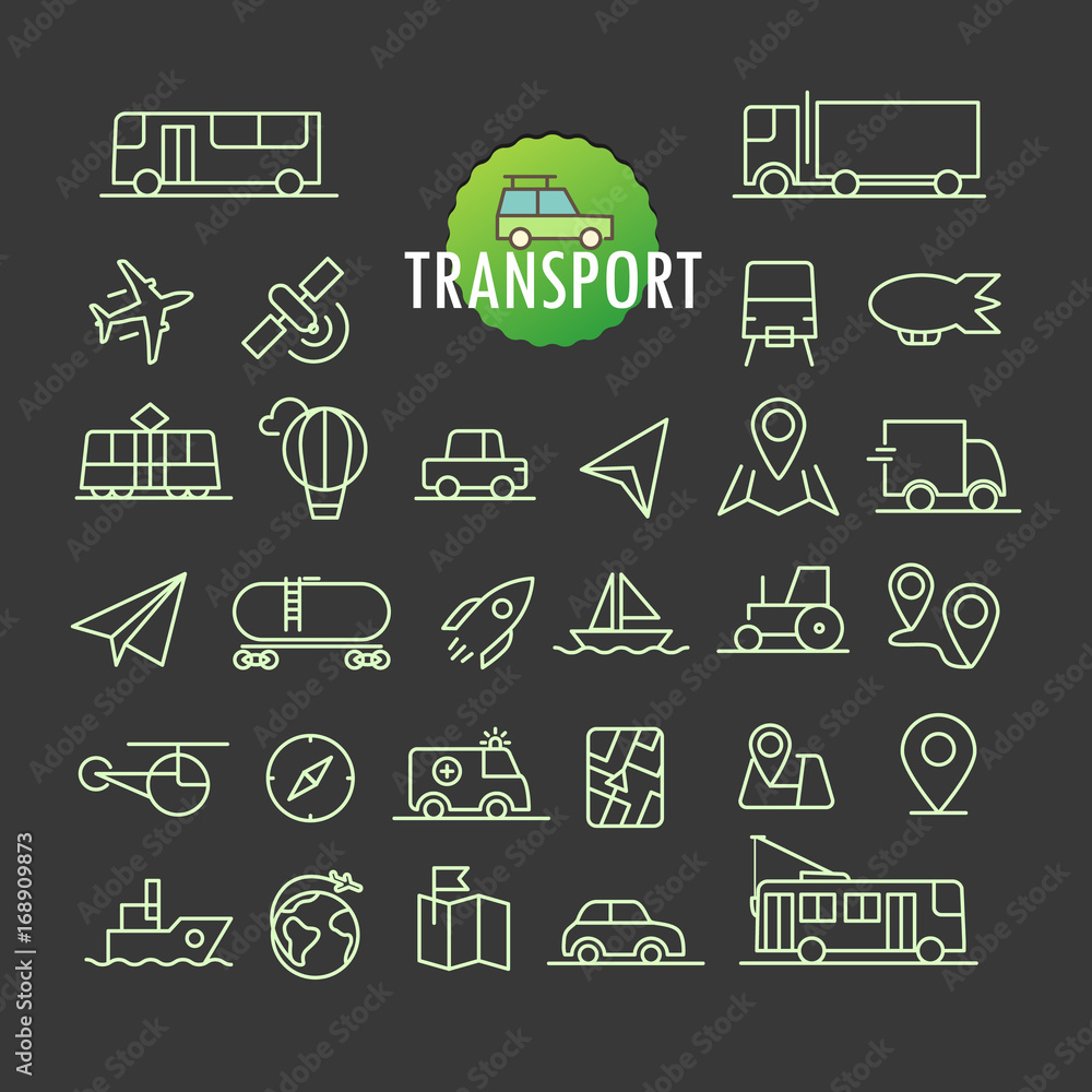 Poster Different transport icons vector collection. Web and mobile app outline icons set on dark background