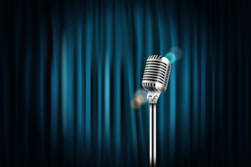 Stage curtains with shining microphone vector illustration. Standup comedy show concept - obrazy, fototapety, plakaty