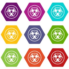 Sign of biological threat icon set color hexahedron