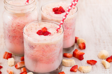 Fresh Strawberry Banana Breakfast Smoothies in Glasses