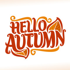 Vector poster for Autumn season: vintage fall logo with orange leaves on white background, decorative handwritten font for red text hello autumn, hand lettering typography for calligraphic autumn sign
