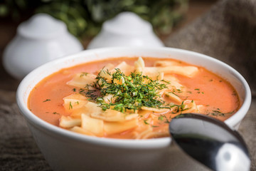 Fresh tomato soup with rice.