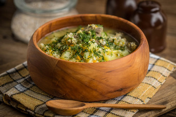 Soup with barley and chicken gizzards.