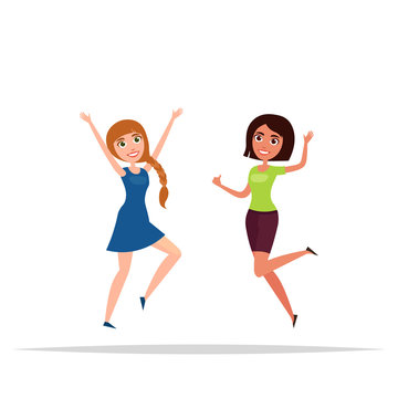 Happy group of girls jumping. White background. The concept of friendship, healthy lifestyle, success. Vector illustration in a flat and cartoon style