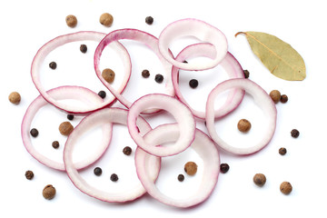 sliced red onion isolated on white background. top view