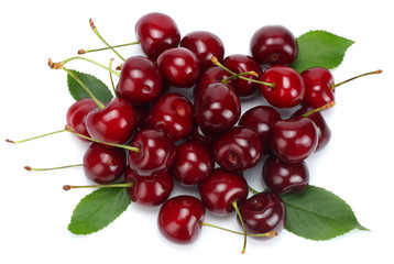 cherry with green leaf isolated on white background.