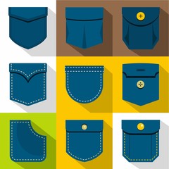 Woman pocket icons set, flat style