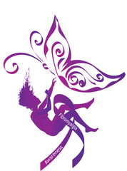 Fibromyalgia awareness. Purple  silhouette of a falling woman with purple awareness ribbon and butterfly - symbol of fibromyalgia, chronic pain and chronic fatigue syndrome, broken dreams