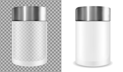 Plastic transparent jar with black cap. Packaging for cosmetics