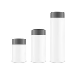 Plastic white jar with black cap. Packaging for cosmetics