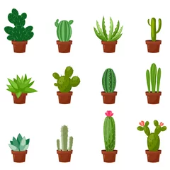 Tuinposter Cactus in pot Set woestijn of kamer groene cactus. Platte en cartoonstijl. Vectorillustratie op witte achtergrond. Element voor uw ontwerp.