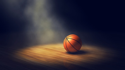 Ball on basketball court with spotlights , Basketball arena - obrazy, fototapety, plakaty