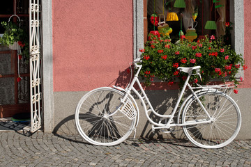 Fototapeta na wymiar Bicycle in Front of a Entrance to the Flower Shop.
