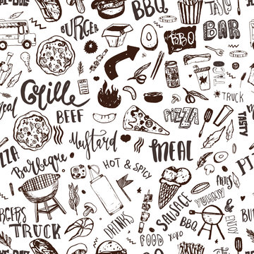 Fast food truck Seamless pattern with lettering and doodle items. Vector festival background for menu, wrapping.