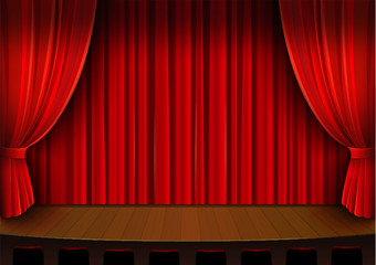 Vector drawing, theater stage with red curtain - obrazy, fototapety, plakaty